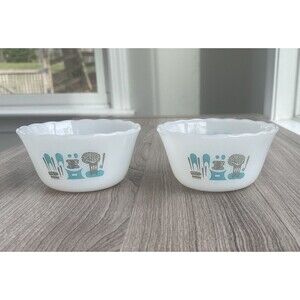 Vintage Fire King Bowls Ramekin Custard Blue Heaven Aqua Milk Glass Set Of 2